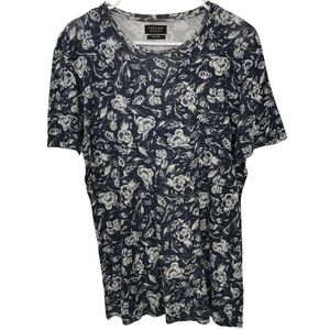 Zara Man 100% Linen Short Sleeve Crew Neck Semi Sheer Navy Floral Tee - Sz L